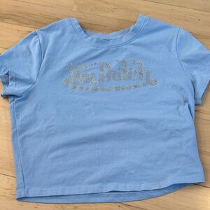 light blue Von Dutch cropped t-shirt-rhinestone logo-Y2K-M-Read